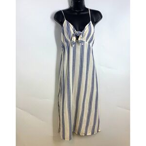 Roxy Striped Maxi Dress Tie Front Spaghetti Strap Cream Blue Women's